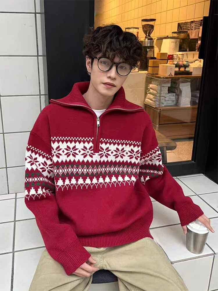 

Американский ретро-свитер Fair Isle с высоким воротником на молнии, осенне-зимний, парный, вязаный, эластичный, с длинными рукавами, стандартный крой.