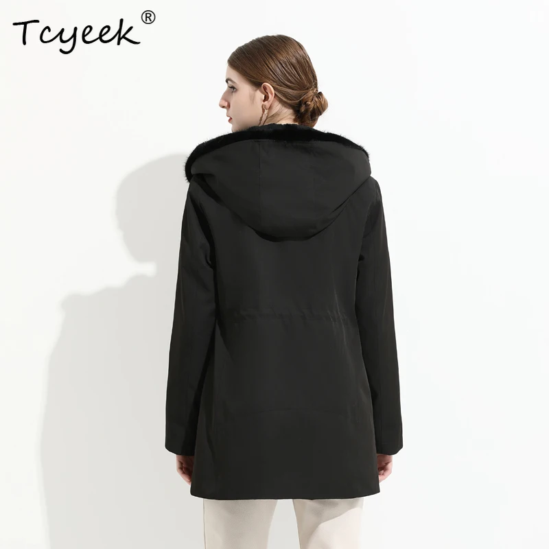 Tcyeek Odpinana Podszewka z Futra Wydry i Królika Jesienno-Zimowa Modna Parka Damska z Kapturem Średniej Długości Casacas Para Mujer Invierno