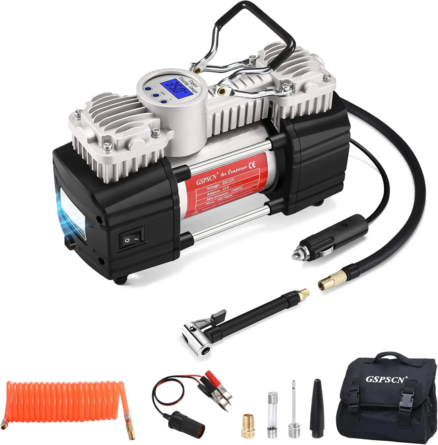 

12V Portable Air Compressor with Digital Display, LED Light, 150 PSI Dual Cylinder Pump for Car, SUV, Bike, Truck