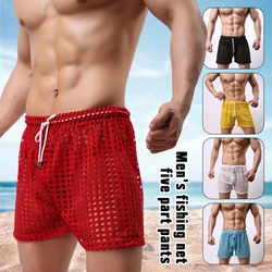 Bóxer holgado de malla transpirable para hombre, ropa interior Sexy de rejilla con cordón, ropa de dormir para el hogar, pantalones cortos de playa