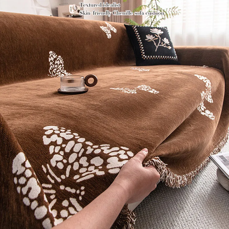 Luxury Butterfly Printed Solid Sofa Towel High-End Chenille Sofa Cover for All Seasons Anti-Scratch Home Textiles with Tassels