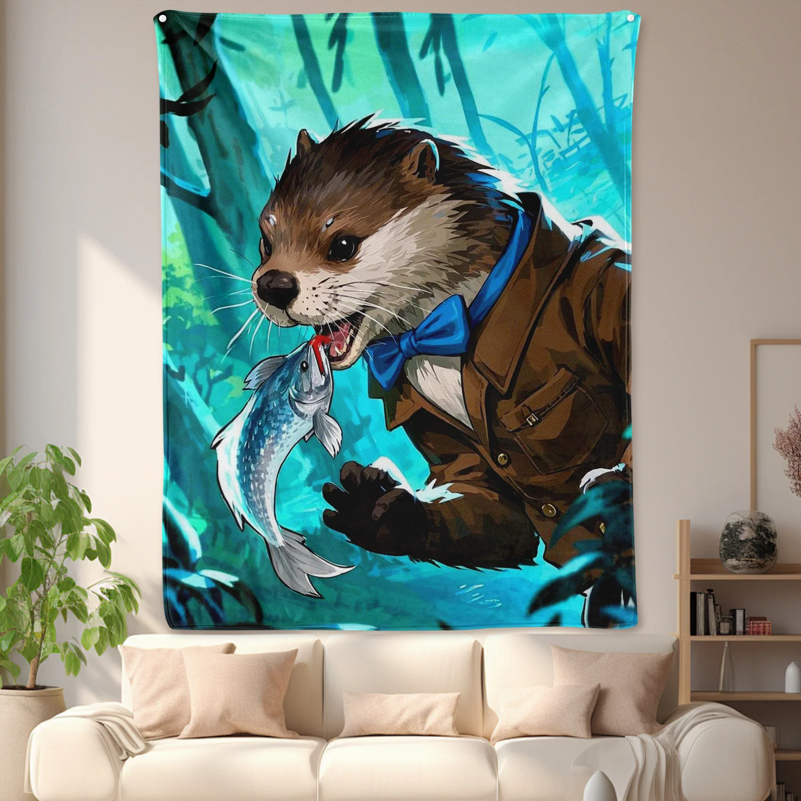 Otter Fish Forest Clothes And Bowtie Design Blanket For A Playful And Stylish Home Decor With Unique Artistic Charm