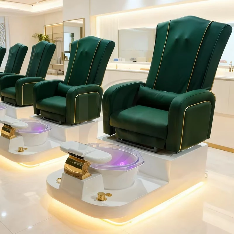 Pedicure Chair with LED Lights White Foot Spa Salon Furniture Ceramic and Plastic Manicure and Pedicure Stations