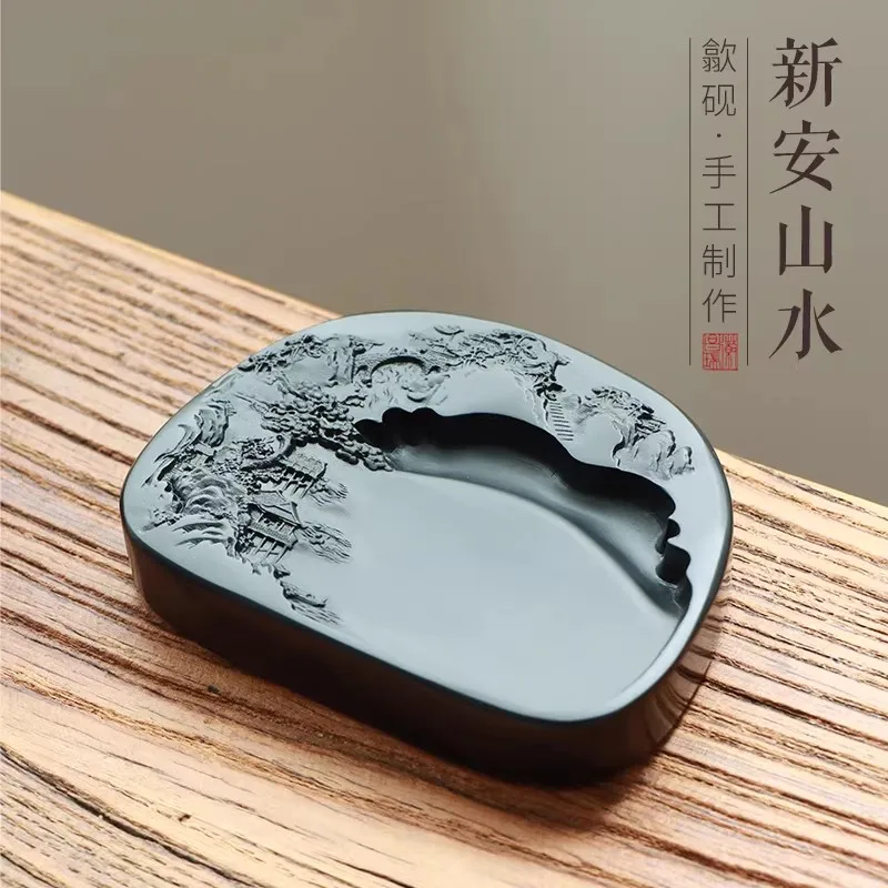 Natural Stone She Inkstone with Landscape Design, Traditional Shezhou Inkstone for Painting