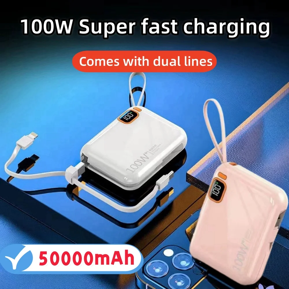 50000mAh Portable Power Bank 100W Detachable USB to TYPE C Cable Two-way Fast Charger Mini Powerbank for iPhone Xiaomi Samsung