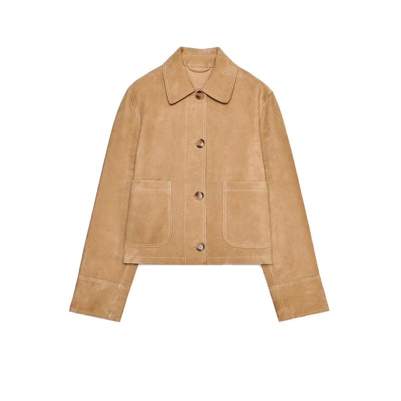 Spring Women's Long Sve Lapel Leather Jaet Faux Fur Surface Quali Single Button ket Decorated Commute Sle Loose Fit