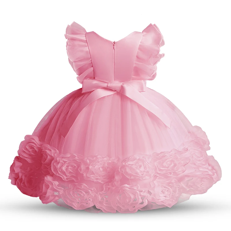 Flower Party Dresses For Girls Flying Sleeves Princess Birthday Puffy Dress Baby Girl Baptism Tutu Dresses Children Wedding Gown