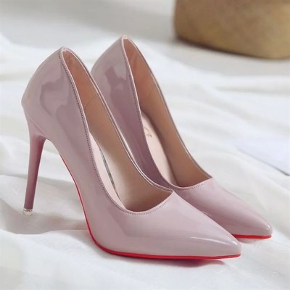 Nude Color Small Fresh High Heels Patent Leather Stiletto Single Shoes Korean Sexy Pointed Pumps Black Professional Work Shoes