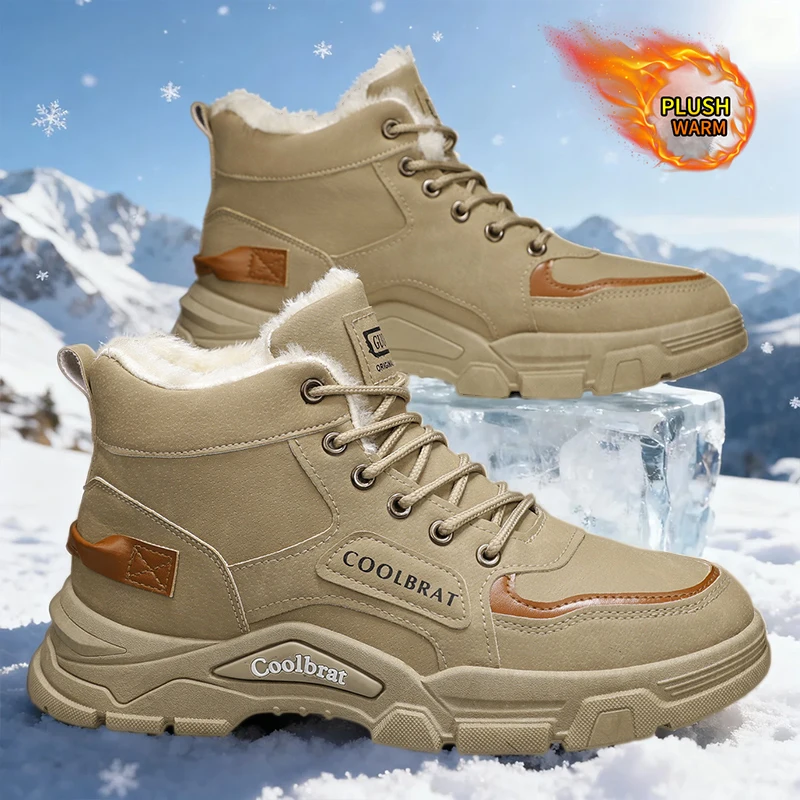أحذية رياضية كاجوال عصرية عالية الجودة للرجال - أحذية ثلج مبطنة بالصوف على طراز الدراجات النارية، أحذية للكاحل للتنزه في الشوارع في الهواء الطلق
