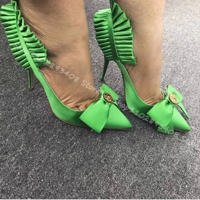 Green Bowknot Trim Silk Pumps Pointed Toe Solid Stiletto Heels Elegant Shoes Stylish Dress Party Pumps 2024 Zapatos Para Mujere