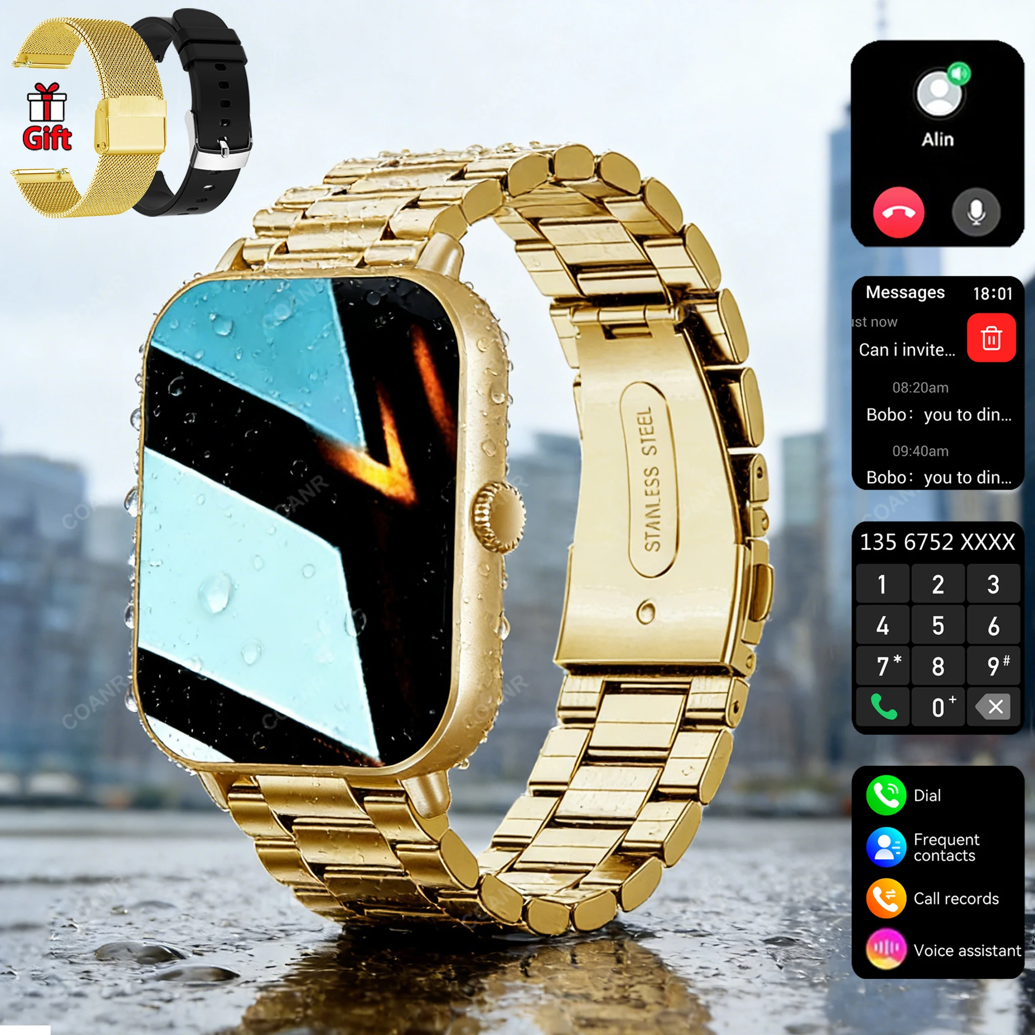 

New Sports Fitness tracker Smart Watch Golden 1.81 inch(Can Make And Receive Calls)Men'S Women'S SmartWatchs, 100+ Sports Modes