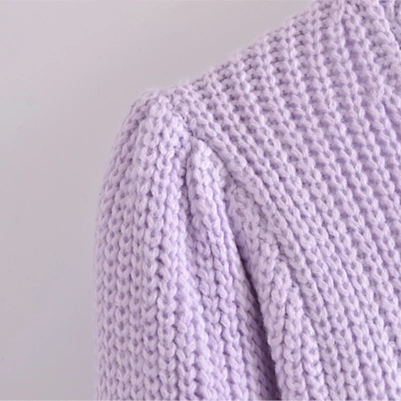 Vintage Purple Spliced Ribbon Bow Knitted Cardigan Women V neck Single-breasted Button Sweater Full Puff sleeve Short Jumper