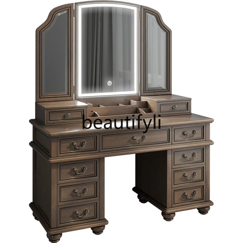 Log with lamp 1.1/1 2/1.4/1.6m walnut American led mirror full solid wood dresser makeup table