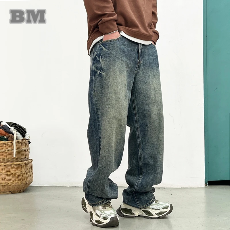 

Американские винтажные прямые джинсы, мужские синие джинсовые брюки Harajuku, высокое качество, повседневные, большие размеры, модные, свободные, длинные