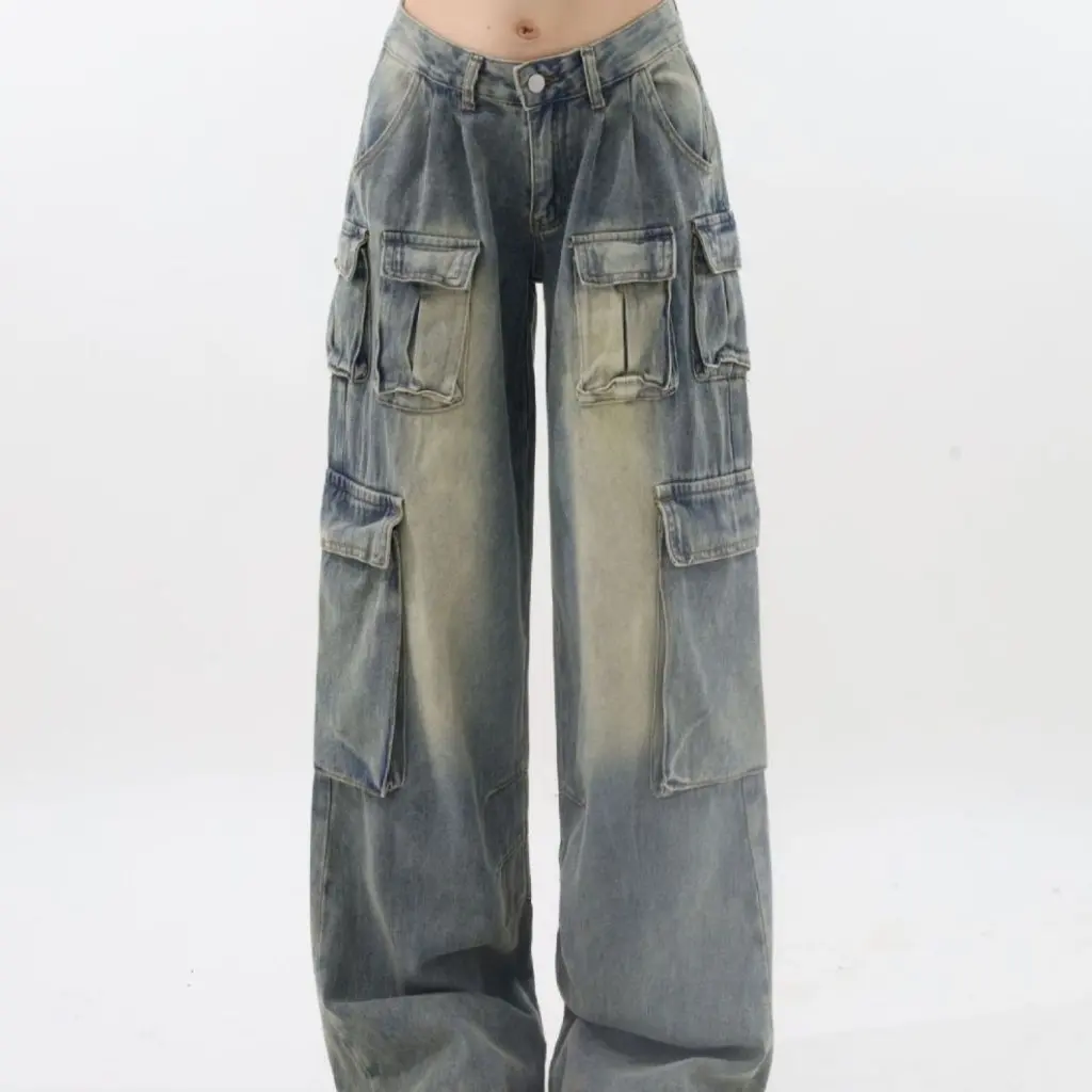 European And American Style Medium Low Waist Wide Leg Mop Pants for Women Multi-Pocket Loose Fit Workwear Jeans