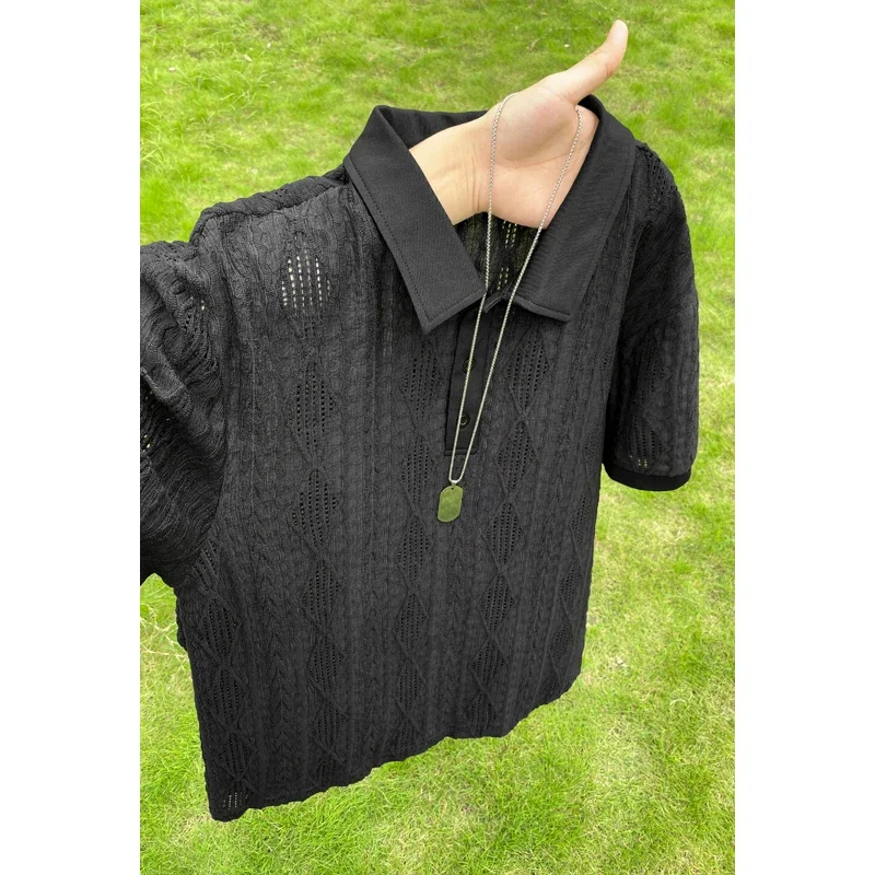 Mens Youth Street Fashion Polo Short Sleeve Top Rhombus Textured Jacquard Button Placket Soft Material For Summer Hangout