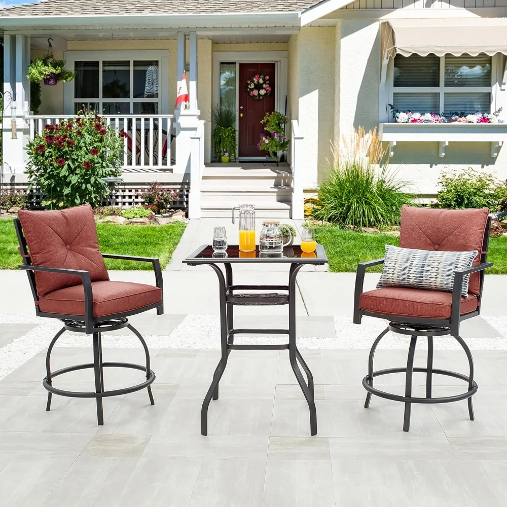 

Patio Bar Height 2 Outdoor Swivel Chairs and 1 High Glass Top Table, 3 Piece Bistro Set, Red