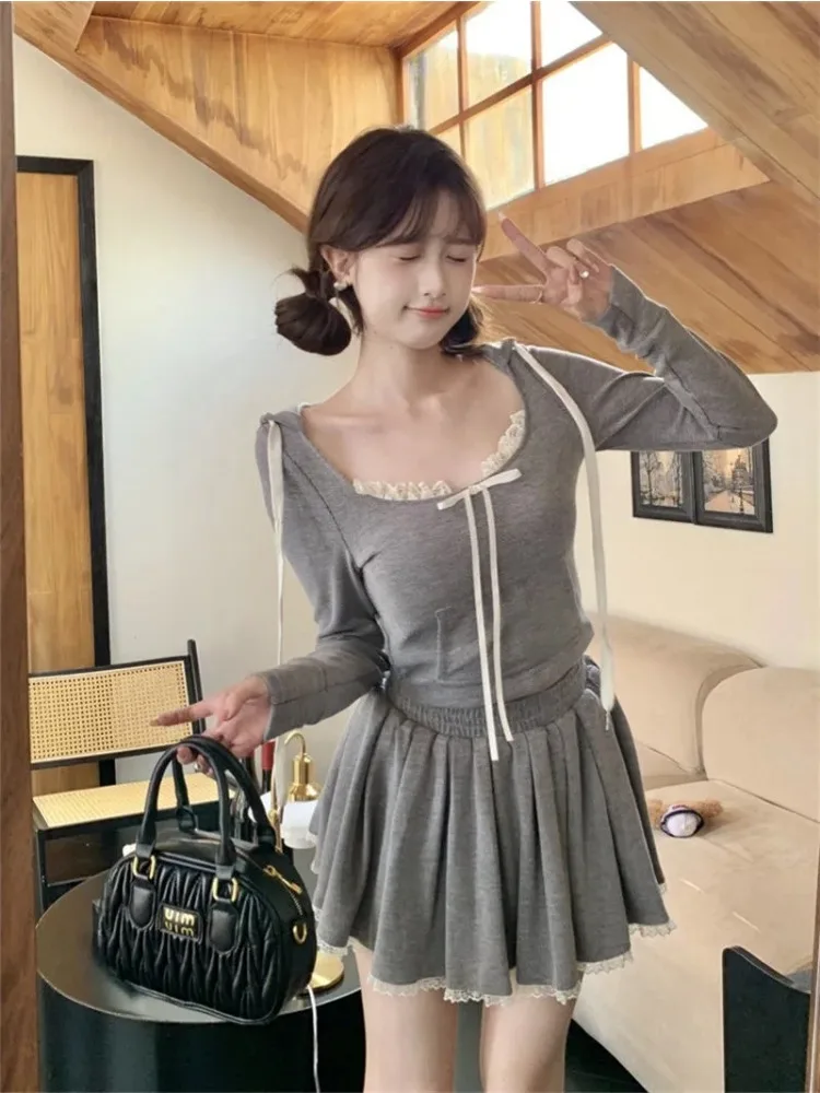 

Японский Harajuku Sweet Kawaii Outfits Женский комплект из 2 предметов Кружевная пуговица с бантом Тонкая рубашка с длинным рукавом Плиссированная мини-юбка Y2k Костюм Милый