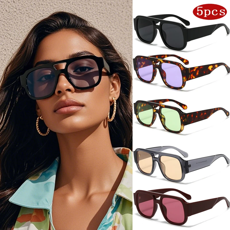 

Motorcycle 5set Vintage Double Bridges Rectangle Sun Glasses Women Large Frame Candy Color Wide Legs Glasses Outdoor Eyeglasses