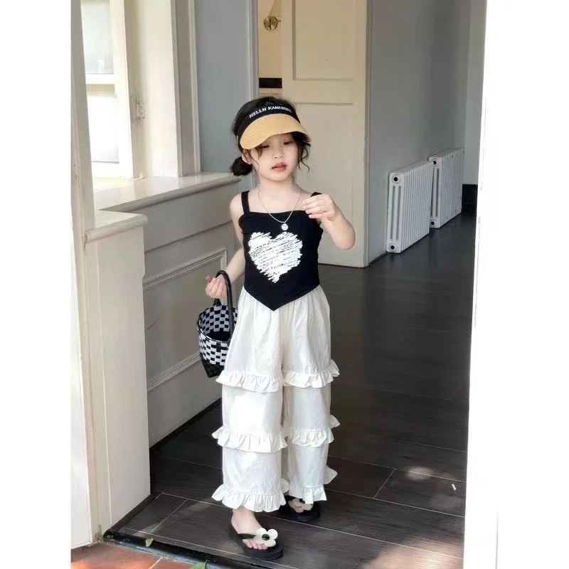 

3-12 Years Summer Girls' Set 2026 New Fashionable Children's Tank Top+Lace Wide Leg Pants Two-piece Set 100-160cm