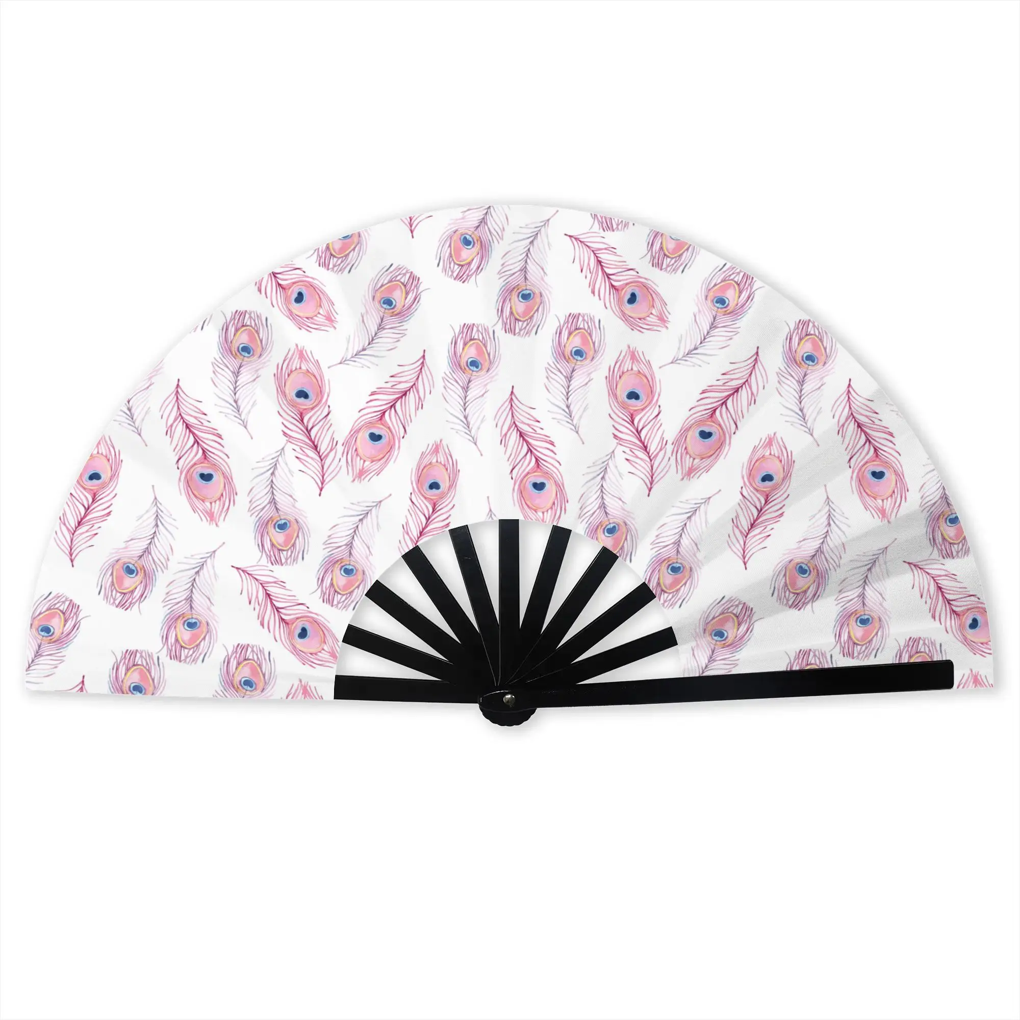 Customized Peacock Feather Portable Pocket Fan Outdoor  Polyester Folding Fan Chinese Dance Handheld Cooling Fans