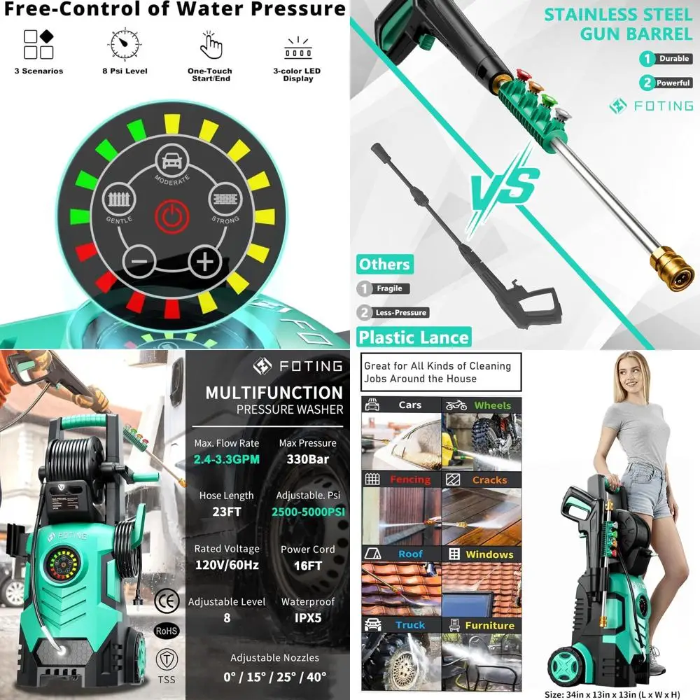 

Усовершенствованная мойка высокого давления 5000PSI с 8-уровневым сенсорным управлением, 34 насадки, 4 сопла, шланг, фильтр, пенная насадка 500 мл для автомобилей, Dri