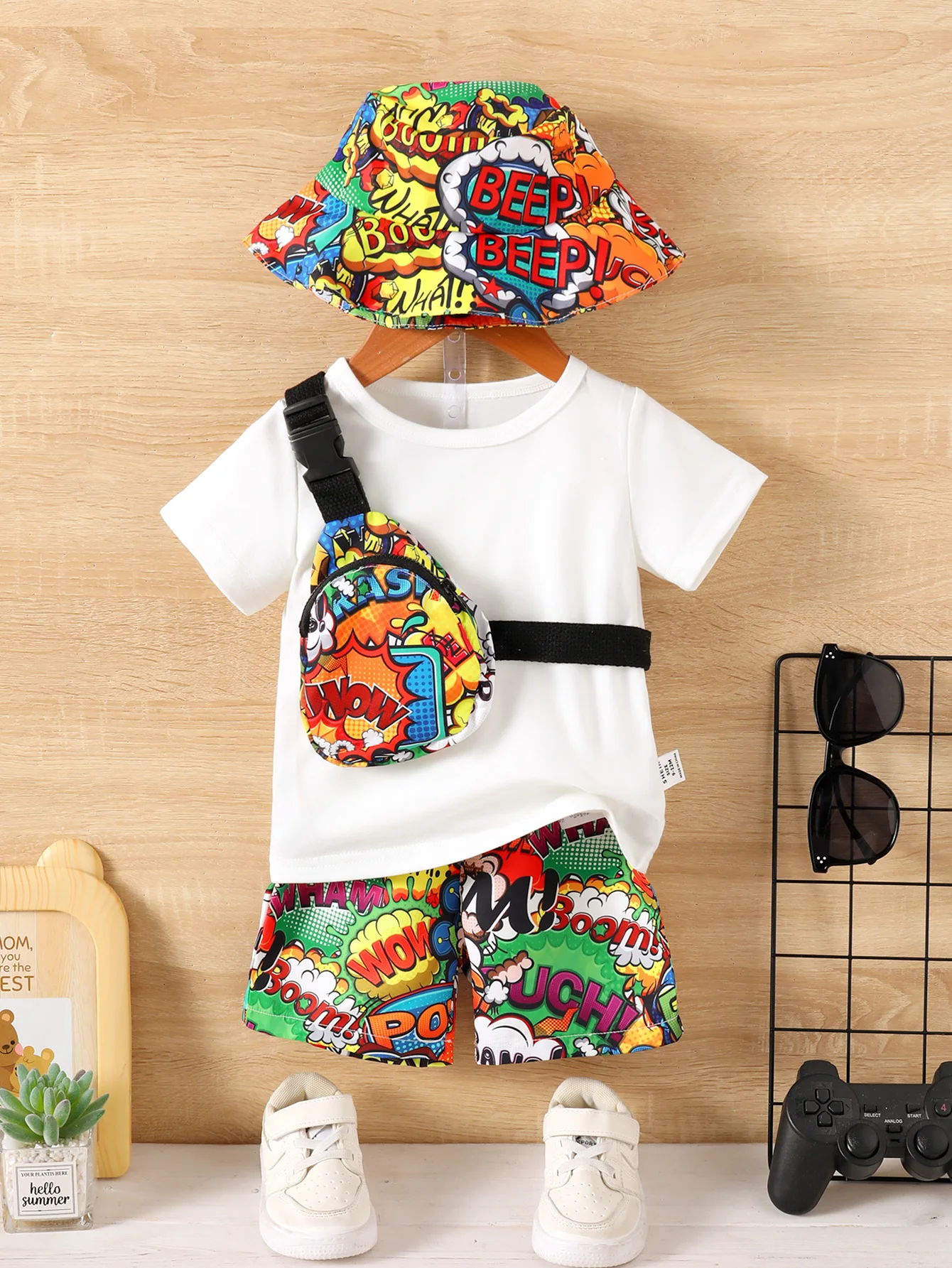 Summer3-36m Handsome Four-Piece Letter Printed Sun Block Hat Crossbody Bag Pants White Simple Short-Sleeved T-Shirt For BabyBoys