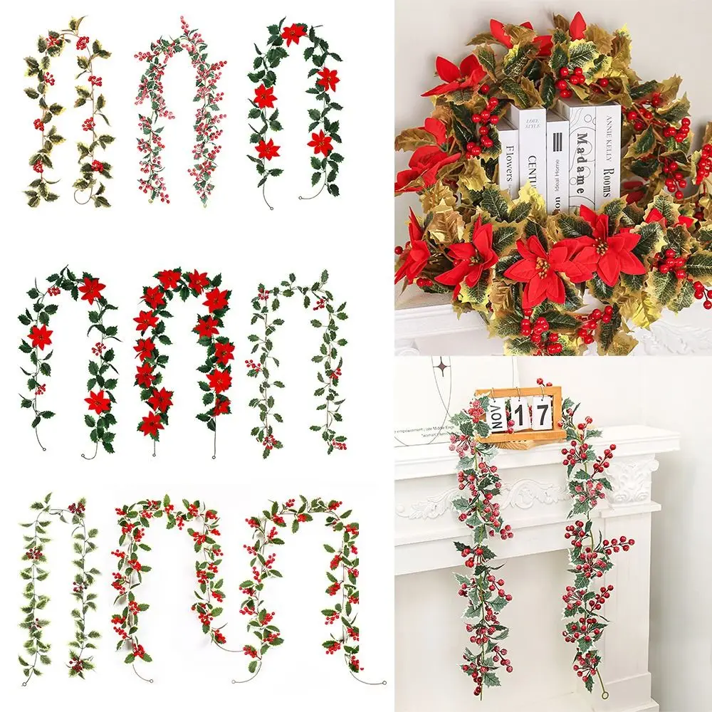 

Multicolor Christmas Decorative Garland Red Berries DIY Red Berries Leaves Ratten Xmas Tree Ornaments Photo Props