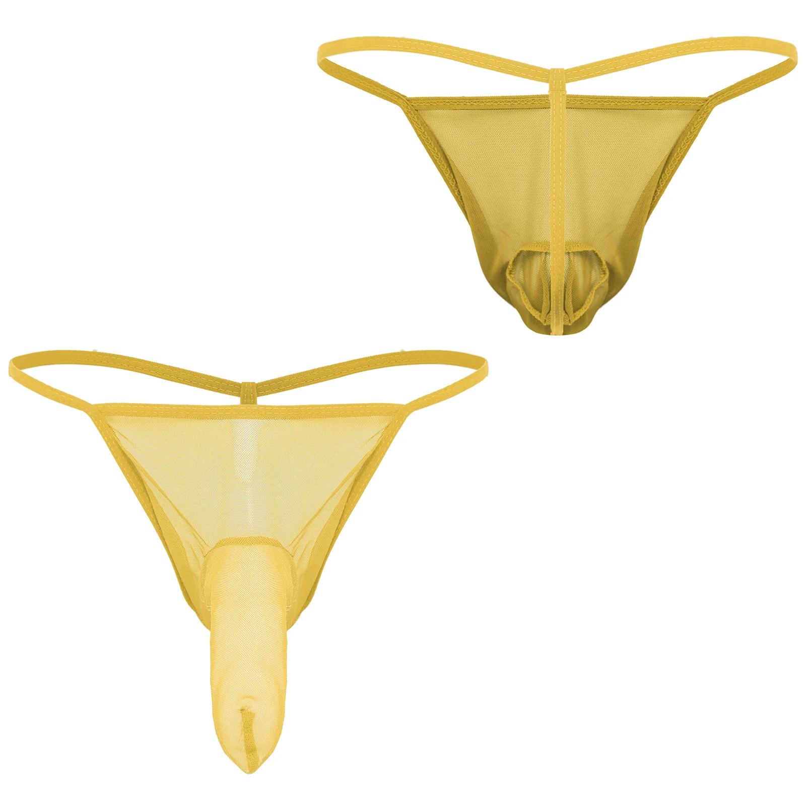 Mens See Through Mesh Thong Underwear Spaghetti Waistband Bulge Pouch with Sheath T-back Briefs Swimwear Nightwear Micro Panties