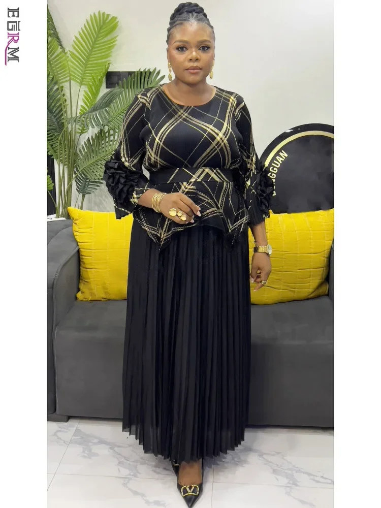 EGRM プリーツスカートセット女性のための 2025 新ファッション O ネック長袖トップ + ハイウエスト A ラインスカート 2 点セット 6R7519