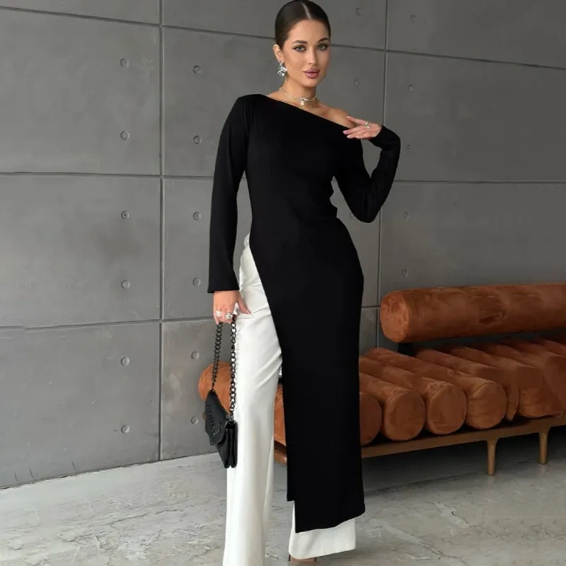 

Talenza Fashion Off-Shoulder Dress Spring Slim Solid Asymmetrical Slit Maxi Dress 2026 New Elegant High-Street Women'Party Dress