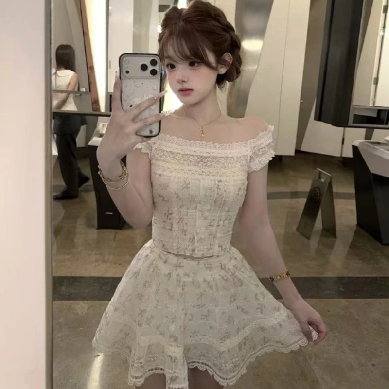 French Lolita 2 Piece Set Women Off Shoulder Lace Floral Tops + Ruffle Pleated Mini Skirt Female Sweet Chic Daily Summer Outfits