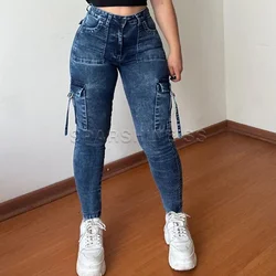 Vintage Streetwear Skinny Jeans Women Retro Y2K High Waist Jeans Casual Wash Cargo Pants Women Autumn Winter Legging Denim Pants