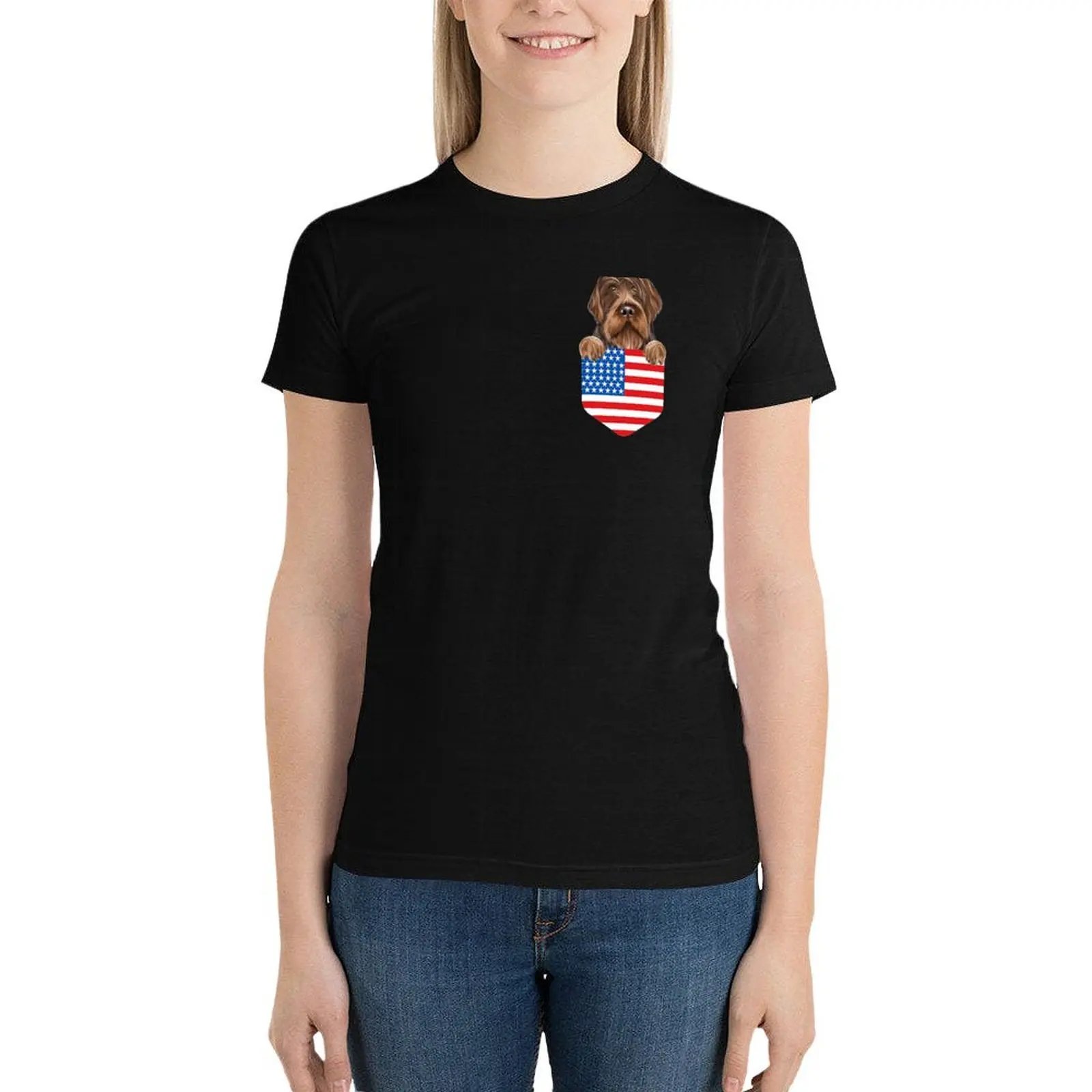 

America Flag Wirehaired Pointing Griffon Dog In Pocket T-Shirt lady clothes Woman T-shirts