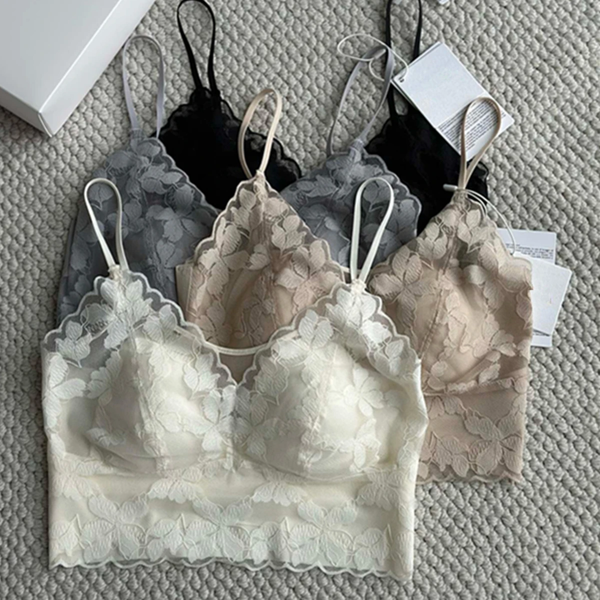 

Dave&Di Minimalist Women's Antibacterial Bra Lace French Bunny Ears Fixed Adjustable Spaghetti Strap Bra Vest Tops Camisole