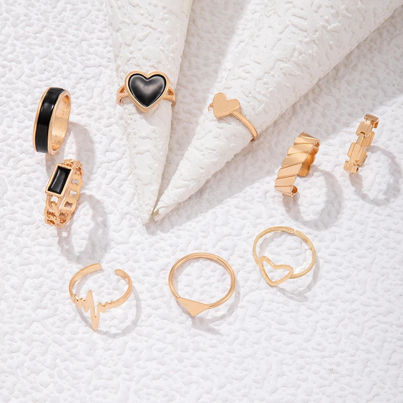 Tocona Luxury Jump Heart Finger Rings for Women Simple Geometry Black Oil Drip Party Alloy Metal Rings Set Anillos 23648