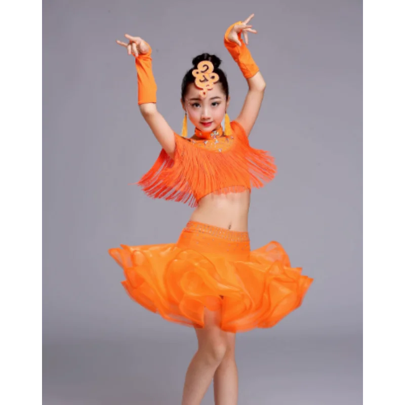 Nuovo vestito con frange da ballo latino con paillettes per ragazze, costume da ballo di tango alla moda, costume di scena