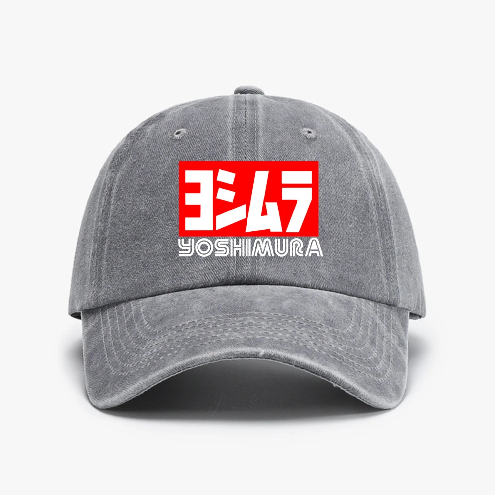 Yoshimura Motorcycle Racing Cap Adjustable Distressed Washed Baseball Hat with Bold Red White Logo Perfect for Sports Fans