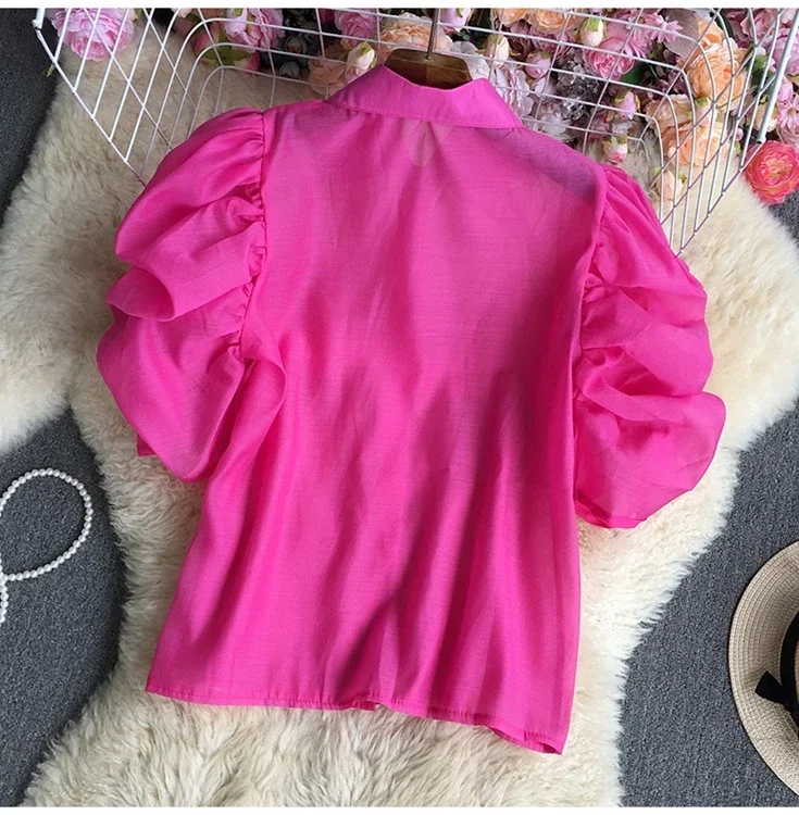 Korean Chic Blouse Turn-down Collar Shirts Women Shirt Beading Tops Female Casual Blouses Puff Sleeve Y2K Blusas Dropshipping