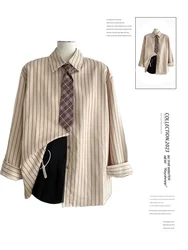 Women's Beige Long Sleeve Striped Shirts Blouses 90s Y2k Vintage Harajuku Elegant Oversize Polo-Neck Shirt 2000s Fashion Clothes