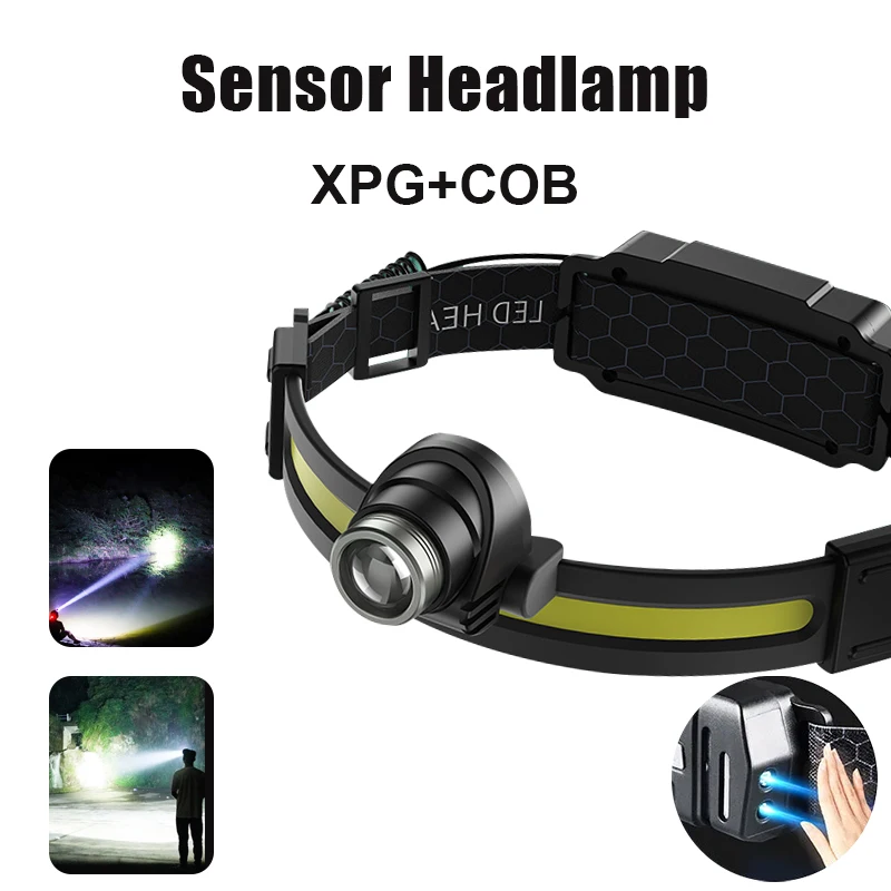 

Rechargeable Headlamp XPG+COB Strong Light Sensor Headlight With Tail Light High Power Fishing Head Torch For Camping Waterproof