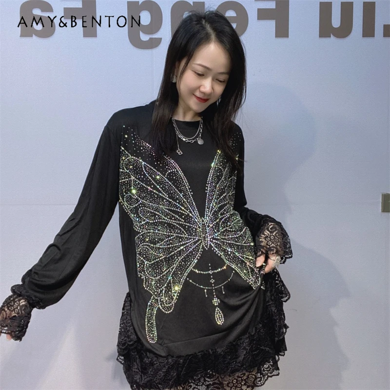 

Women's Loose Oversized Long Sleeves Top New Spring And Autumn Lace Patchwork Rhinestone Round Neck T-shirts Pullovers Clothes