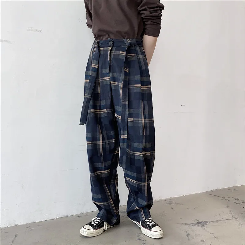 

Retro Plaid Men's Casual Straight Leg Suit Pants Ins Trendy Loose Slimming Harlan Long Dra unding Youth ular Long T...