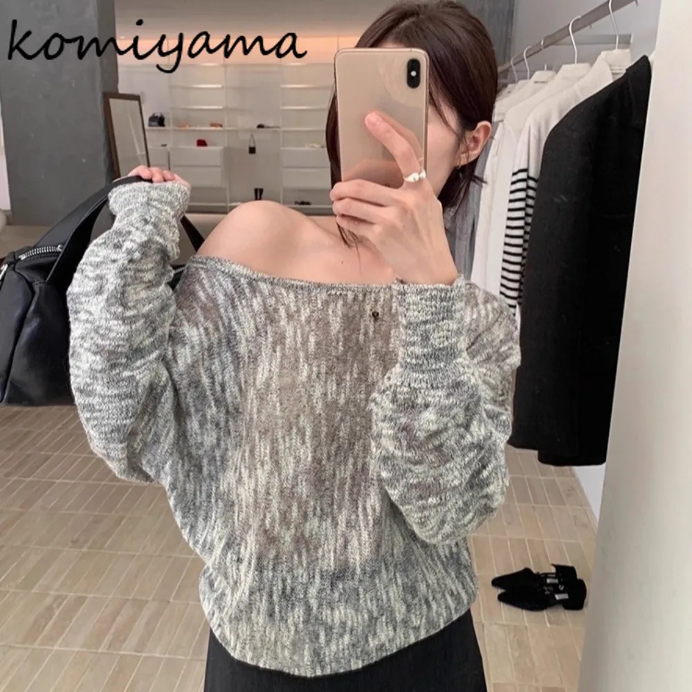 

Вязаный свитер с вырезом на шее Ropa Mujer, свитер с открытыми плечами и длинными рукавами, корейская одежда, женские винтажные женские сексуальные новые свободные топы