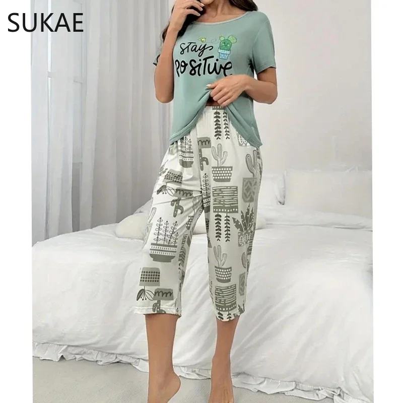 Green Summer Women Capris Pajamas Set Calf-length Pijama Milk Silk Sleepwear Homewear Short Sleeves Nightwear Leisure Loungewear