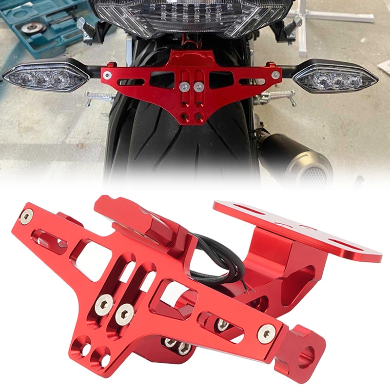 

Motorcycle License Plate Holder Alloy Folding Adjustable Motos License Number Plate Install Frame With LED Light Accessory