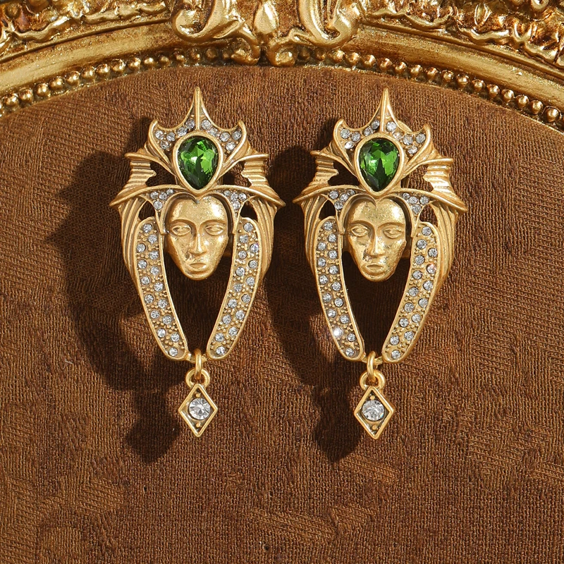 

Large Antique Gold Plated Drop Earrings Pharaoh of Egypt Women Vintage Green Crystal Charm Quality New 2026 Banquet High Jewelry