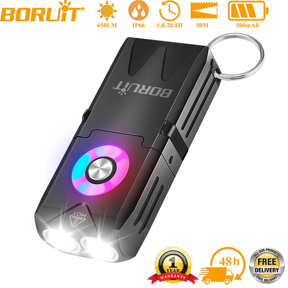 BORUiT EV25 650LM EDC Senter LED Tipe-C Isi Ulang 500mAh Lampu Kerja RGB dengan Magnet Senter Saku untuk Berkemah