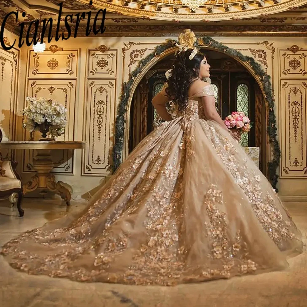 Vestidos de quinceañera con cuentas de champán y flores 3D, vestido de baile sin hombros, Apliques de encaje, dulce cumpleaños 15