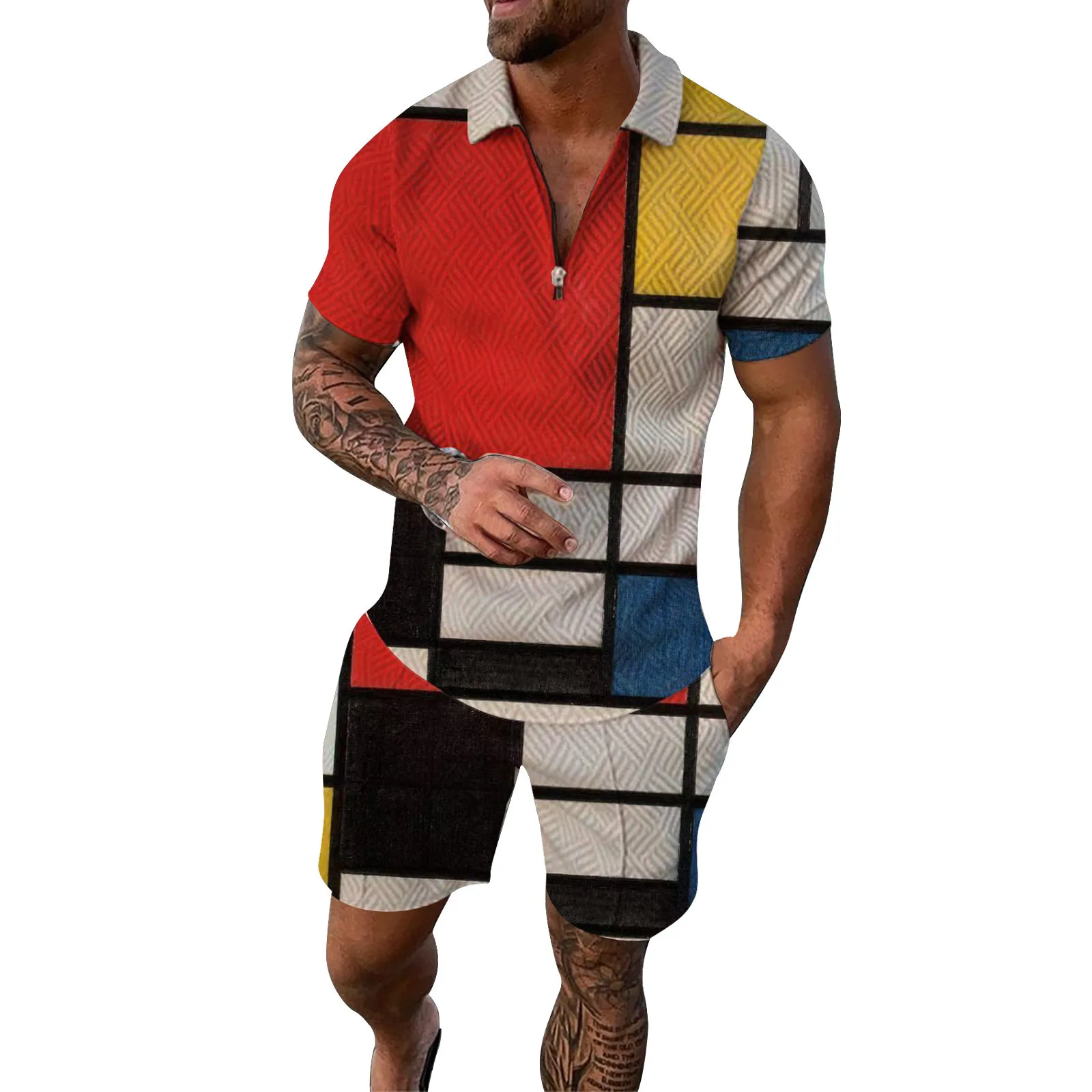 

Men Shirt Pack Male Casual Gradient Ramp Print Two Piece Zipper Short Sleeve Top Blouse Suit Sweater Shirts Men